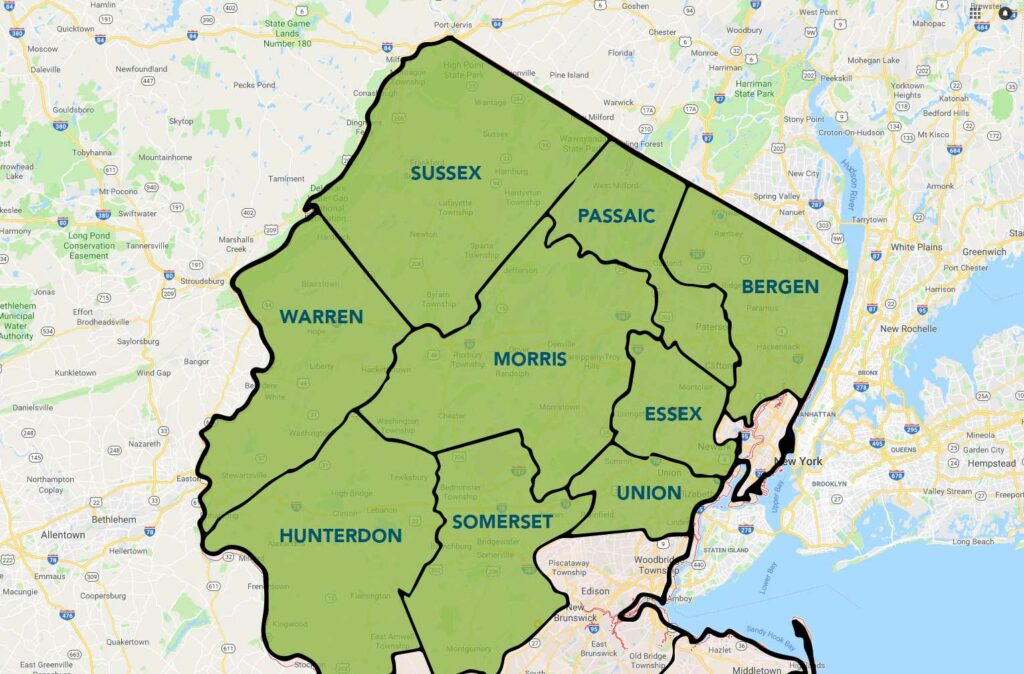 Counties in NJ that CRS works with for Residential Roofing - Sussex, Hunterdon, Somerset, Warren, Passaic, Morris, Union, Bergen, Essex