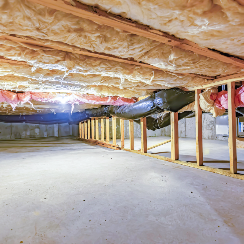 A crawlspace with fiberglass insulation